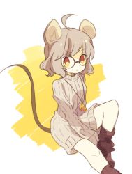 Rule 34 | 1girl, alternate costume, animal ears, bad id, bad twitter id, bespectacled, cheese, daizu (melon-lemon), food, glasses, grey hair, mouse ears, mouse tail, nazrin, red eyes, short hair, solo, sweater, tail, touhou
