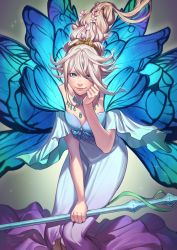 Rule 34 | 1other, androgynous, aqua gemstone, blonde hair, blue dress, blue eyes, blue wings, bow, bowtie, braid, braided ponytail, butterfly wings, commentary, crossed bangs, dress, fairy, feet out of frame, final fantasy, final fantasy xiv, floating, flower, gradient background, gradient dress, grey background, hair flower, hair ornament, hand on own cheek, hand on own face, hand up, highres, holding, holding staff, holding weapon, insect wings, jewelry, leaning forward, legs together, long hair, looking at viewer, mella, off-shoulder dress, off shoulder, pendant, pointy ears, purple dress, single braid, smile, solo, sparkle, staff, standing, tiara, titania (final fantasy), weapon, wide sleeves, wings