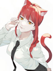 Rule 34 | 1girl, animal ears, black necktie, black pants, braid, braided ponytail, cat day, cat ears, cat tail, chainsaw man, collared shirt, hair over shoulder, ikanyoikanikan, looking at viewer, makima (chainsaw man), medium hair, necktie, pants, paw pose, red hair, red tail, ringed eyes, shirt, shirt tucked in, sidelocks, simple background, solo, tail, white background, white shirt, yellow eyes