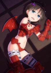 Rule 34 | 00s, 1girl, bat wings, bikini, bridal garter, choker, elbow gloves, face, fangs, female focus, flat chest, gloves, head wings, heart, heebee, horns, idolmaster, idolmaster (classic), indoors, kikuchi makoto, nightmare blood, solo, striped clothes, striped thighhighs, swimsuit, thighhighs, wings