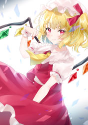 Rule 34 | &gt;:), 1girl, absurdres, ascot, blonde hair, blush, closed mouth, collared shirt, commentary request, crystal, flandre scarlet, frilled shirt collar, frilled skirt, frills, hand up, hat, highres, mob cap, one side up, puffy short sleeves, puffy sleeves, red eyes, red skirt, red vest, segawa luna, shirt, short sleeves, skirt, smile, solo, touhou, v-shaped eyebrows, vest, white hat, white shirt, wings, wrist cuffs, yellow ascot