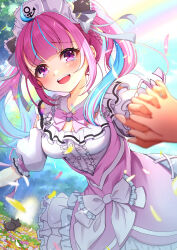 1girl absurdres ahoge blue_hair blush dress frilled_dress frills highres holding_hands hololive long_hair looking_at_viewer maid_headdress minato_aqua minato_aqua_(8th_costume) multicolored_hair nanami_hitomi official_alternate_costume open_mouth pink_dress pink_hair purple_eyes smile solo_focus teeth twintails two-tone_hair upper_teeth_only virtual_youtuber