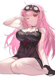 Rule 34 | 1girl, absurdres, black choker, black nightgown, blunt bangs, breasts, choker, highres, hololive, hololive english, kouhiipan, large breasts, long hair, messy hair, mori calliope, mori calliope (sleepwear), nightgown, official alternate costume, one eye closed, pink hair, red eyes, sleep mask, slippers, solo, thick thighs, thighs, virtual youtuber