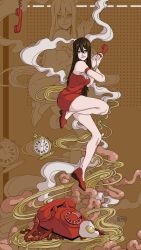 Rule 34 | 0gina0, 1girl, ambiguous red liquid, antique phone, artist name, bangle, bracelet, breasts, brown eyes, brown hair, commentary, dress, egg (food), english commentary, floating, floating object, food, fried egg, guro, hair between eyes, half-closed eyes, high heels, highres, holding, holding phone, intestines, jewelry, long hair, medium breasts, multiple monochrome, organs, original, painttool sai (medium), pasta, pencil dress, phone, pocket watch, polka dot, polka dot background, red dress, red footwear, rotary phone, short dress, signature, solo, spaghetti, steam, very long hair, watch, yellow theme, zoom layer