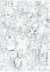 Rule 34 | 6+boys, 6+girls, absurdres, building, city, expressionless, highres, hood, hoodie, lined paper, mittens, monochrome, multiple boys, multiple girls, open mouth, original, scarf, shoes, short hair, sitting, sketch, skirt, smile, sneakers, tomioka jirou, traditional media, winter clothes