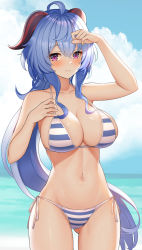 Rule 34 | 1girl, 3:, ahoge, arm up, bare arms, bare shoulders, bikini, blue hair, breasts, cleavage, closed mouth, collarbone, cowboy shot, ganyu (genshin impact), genshin impact, gluteal fold, goat horns, halterneck, hand up, highres, horns, komainu (yamaha1997), large breasts, long hair, looking at viewer, low ponytail, navel, purple eyes, revision, side-tie bikini bottom, solo, standing, stomach, strap gap, string bikini, striped bikini, striped clothes, swimsuit, thighs, very long hair