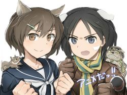 Rule 34 | 10s, 2girls, 502nd joint fighter wing, animal, animal ears, animal on shoulder, announcement celebration, bandaid, bandaid on face, black hair, blush, bomber jacket, brave witches, brown eyes, goggles, grey eyes, hair ornament, hairclip, hat, jacket, kanno naoe, karibuchi hikari, military, military jacket, military uniform, multiple girls, open mouth, sailor, scarf, school uniform, shiraba (sonomama futene), short hair, smile, strike witches, uniform, world witches series