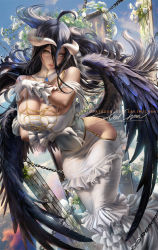 Rule 34 | 1girl, albedo (overlord), banned artist, black feathers, black wings, breasts, chain, cleavage, demon girl, demon horns, demon wings, dress, feathered wings, feathers, flower, horns, large breasts, low wings, overlord (maruyama), sakimichan, slit pupils, solo, white dress, white horns, wings