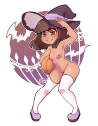 Rule 34 | 1girl, artist name, breasts, brown eyes, brown hair, contrapposto, full body, hat, highres, justspicy, nipples, nude, original, pumpkin, signature, small breasts, smile, solo, thighhighs, thighs, witch hat