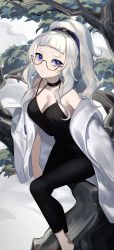 Rule 34 | 1girl, absurdres, blue eyes, blunt bangs, breasts, camisole, choker, cleavage, day, glasses, grey hair, highres, lab coat, long hair, looking at viewer, medium breasts, original, outdoors, solo, standing, thick eyebrows, tree, wakamepiza