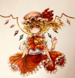 Rule 34 | 1girl, ascot, blonde hair, bow, crystal, flandre scarlet, frilled shirt, frilled shirt collar, frilled skirt, frilled sleeves, frills, grin, hat, hat ribbon, highres, hisako (6anmbblfnjueeff), mob cap, one side up, puffy short sleeves, puffy sleeves, red bow, red eyes, red ribbon, red skirt, red vest, ribbon, shirt, short hair, short sleeves, skirt, smile, solo, tears, touhou, vest, waist bow, white background, white bow, white ribbon, white shirt, wings, yellow ascot