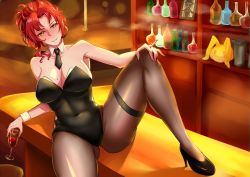 Rule 34 | 1girl, :d, alcohol, bberba (ls5837907), black footwear, black necktie, blush, breasts, brown pantyhose, cabinet, cigarette, cleavage, covered navel, cup, grin, high heels, highres, holding, holding cigarette, holding cup, honkai (series), honkai impact 3rd, leotard, mole, mole on breast, murata himeko, necktie, open mouth, pantyhose, playboy bunny, red hair, sitting, sitting on table, smile, smoke, smoking, solo, strapless, strapless leotard, table, teeth, wine, yellow eyes