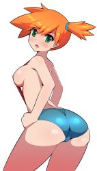 Rule 34 | 1girl, arched back, ass, asymmetrical hair, back, bare arms, breasts, cowboy shot, creatures (company), denim, denim shorts, from behind, game freak, green eyes, gym leader, hair between eyes, hand on own hip, harubato, highres, looking at viewer, looking back, medium breasts, messy hair, misty (pokemon), nintendo, orange hair, pokemon, pokemon (anime), pokemon (classic anime), shiny skin, short shorts, shorts, side ponytail, simple background, skin tight, solo, standing, suspenders, topless, twisted torso, white background