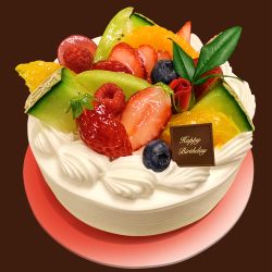 Rule 34 | birthday cake, blueberry, cake, english text, flower, food, food focus, fruit, happy birthday, highres, hokkaido (artist), melon, no humans, original, peach, photorealistic, raspberry, realistic, rose, strawberry