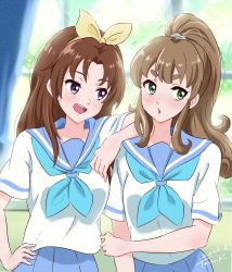 Rule 34 | 2girls, absurdres, alternate hairstyle, arm up, blonde hair, blue neckerchief, blue sailor collar, blue skirt, blurry, blurry background, blush, brown hair, curtains, embarrassed, green eyes, hair ribbon, hand on own hip, hibike! euphonium, highres, indoors, kitauji high school uniform, leaning on person, long hair, looking at another, looking to the side, multiple girls, nakagawa natsuki, neckerchief, parted lips, pleated skirt, ponytail, purple eyes, ribbon, sailor collar, school uniform, serafuku, shirt, short sleeves, skirt, smile, tsunemoku, white shirt, window, yellow ribbon, yoshikawa yuuko