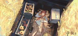 Rule 34 | alternate costume, apple, arknights, artist name, bagpipe (arknights), barrel, blue sash, braid, brown dress, chinese commentary, commentary, copyright name, crate, dragon horns, dress, feet out of frame, food, fruit, highres, horns, jug (bottle), lance, long hair, lying, nend beiwei, obi, on back, open mouth, orange hair, penguin logistics logo, polearm, saliva, sash, shirt, sleeping, solo, teapot, weapon, wheat, white shirt