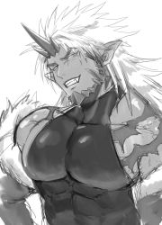 Rule 34 | 1boy, abs, bara, beard, bulge, covered abs, dark-skinned male, dark skin, facial hair, greyscale, grin, head tilt, highres, horns, large pectorals, long hair, looking at viewer, male focus, mature male, monochrome, muscular, muscular male, navel, navel hair, nipples, original, pectorals, pointy ears, shirt, sideburns, sidepec, single horn, sketch, sleeveless, sleeveless shirt, smile, solo, stomach, tattoo, taut clothes, taut shirt, thick eyebrows, thick thighs, thighs, topless male, upper body, white background, yomotsuki road
