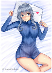 Rule 34 | 1girl, absurdres, alternate costume, blue eyes, blue hair, blue sweater, dress, from above, gotland (kancolle), heart, highres, himura moritaka, kantai collection, long hair, lying, mole, mole under eye, one-hour drawing challenge, pillow, ribbed sweater, solo, sweater, sweater dress, twitter username