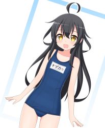 Rule 34 | 1girl, ahoge, black hair, blue one-piece swimsuit, commentary request, contrapposto, cowboy shot, dutch angle, flat chest, highres, indoors, kantai collection, long hair, looking at viewer, mikazuki (kancolle), name tag, one-piece swimsuit, saratoga (scharn), school swimsuit, smile, solo, standing, swimsuit, two-tone background, white background, yellow eyes