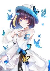 Rule 34 | 1girl, black hair, blonde hair, blue butterfly, bow, bug, butterfly, dress, hat, hat bow, highres, honkai (series), honkai impact 3rd, insect, long sleeves, multicolored hair, see-through, seele vollerei, senin liku, simple background, smile, solo, standing, streaked hair, two-tone hair, white background, white bow, white dress, white hat, yellow butterfly