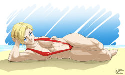Rule 34 | 1girl, adventures of sonic the hedgehog, archie comics, arm support, armpits, barefoot, beach, blonde hair, blue eyes, breasts, cleavage, cloud, day, eric toner, eyebrows, head rest, large breasts, looking at viewer, lying, madonna garnet, navel, ocean, on side, photoshop (medium), short hair, sky, slingshot swimsuit, solo, sonic (series), sonic the hedgehog (archie comics), strap gap, swimsuit, thick thighs, thighs, toes, toned, water