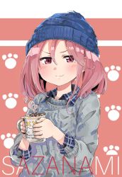 Rule 34 | 10s, 1girl, beanie, blue shirt, blush, casual, collared shirt, cup, disposable coffee cup, disposable cup, grey sweater, hat, highres, holding, holding cup, kantai collection, looking at viewer, pink eyes, pink hair, plaid, plaid shirt, sazanami (kancolle), shirt, short hair, simple background, smug, solo, standing, steam, sweater, wataro (watawatawatapon)