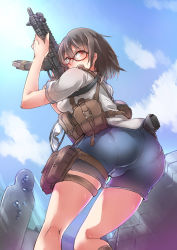 Rule 34 | 1girl, ass, ayyh, brown hair, cloud, day, glasses, goggles, gun, handgun, highres, holster, looking back, original, outdoors, pistol, red-framed eyewear, red eyes, rifle, shooting range, shorts, sig sauer, sky, solo, submachine gun, thigh holster, thigh strap, utility vest, vest, wall, weapon