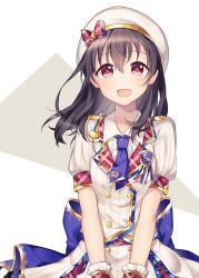 Rule 34 | 1girl, :d, badge, beret, black hair, blouse, blue bow, blue necktie, blush, bow, breasts, buttons, collared shirt, fujiwara hajime, gloves, hair between eyes, hat, hat bow, heart, idolmaster, idolmaster cinderella girls, idolmaster cinderella girls starlight stage, jewelry, long hair, looking at viewer, minamiya mia, necktie, open mouth, puffy short sleeves, puffy sleeves, red bow, red eyes, shirt, short sleeves, skirt, skirt set, small breasts, smile, solo, striped clothes, striped skirt, striped vest, triangle, upper body, v arms, vest, white background, white skirt, wind