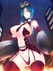 Rule 34 | 1girl, blue hair, breasts, city, fire, giant, giantess, haganef, highres, large breasts, necktie, night, short hair, thighhighs, ultraman