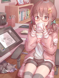 Rule 34 | 1girl, book, bookshelf, brown eyes, brown hair, chair, cup, desk, drawing tablet, drinking, fortissimo, glasses, grey shorts, grey socks, hair ornament, hirokazu (analysis-depth), holding, holding cup, indoors, jacket, long sleeves, loungewear, mouse (computer), mug, musical note, musical note hair ornament, open clothes, open jacket, original, picture frame, pink jacket, short twintails, shorts, sitting, sleeves past wrists, socks, solo, twintails, under table