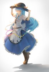 Rule 34 | 1girl, ^ ^, backlighting, black hat, blouse, blue hair, blue skirt, boots, bow, closed eyes, cross-laced footwear, fen zuo, food, fruit, full body, hat, highres, hinanawi tenshi, lace-up boots, long hair, open mouth, peach, rainbow order, shirt, skirt, smile, solo, standing, touhou, very long hair, white shirt