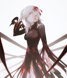 1girl black_dress body_markings breasts closed_mouth cowboy_shot dark_persona dark_sakura dress fate/stay_night fate_(series) fov_ps hair_ribbon hand_on_own_head heaven&#039;s_feel large_breasts long_hair looking_at_viewer matou_sakura paid_reward_available red_eyes red_ribbon ribbon simple_background solo turtleneck turtleneck_dress white_background white_hair