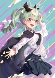 Rule 34 | 1girl, absurdres, anchovy (girls und panzer), anzio school uniform, belt, black belt, black cape, black necktie, black ribbon, black skirt, cape, commentary, cowboy shot, doyagao, dress shirt, drill hair, from side, girls und panzer, green hair, hair ribbon, hand on own head, highres, kyawawa 1230, long hair, long sleeves, looking at viewer, miniskirt, multicolored background, necktie, open mouth, pantyhose, pleated skirt, red eyes, ribbon, riding crop, school uniform, shirt, skirt, smile, smirk, smug, solo, standing, twin drills, twintails, white pantyhose, white shirt, wing collar
