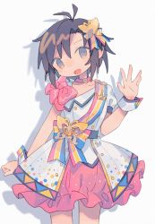 Rule 34 | 1girl, :d, antenna hair, arm at side, asymmetrical sleeves, belt, blue eyes, collarbone, commentary request, cowboy shot, daizu (melon-lemon), dress, frilled dress, frills, gradient eyes, grey background, hair intakes, hair ornament, hand up, head tilt, highres, idolmaster, idolmaster (classic), kikuchi makoto, looking at viewer, multicolored eyes, no nose, open hand, open mouth, parted bangs, puffy short sleeves, puffy sleeves, ribbon, shadow, short hair, short sleeves, simple background, smile, solo, uneven sleeves, waving, wrist cuffs, wrist extended