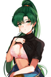 Rule 34 | 1girl, black shirt, blush, bow, bow bra, bra, breasts, cleavage, clothes lift, clothes pull, ear blush, fire emblem, fire emblem: the blazing blade, fire emblem heroes, gloves, green eyes, green hair, half-closed eyes, high ponytail, highres, large breasts, lifted by self, long hair, looking at viewer, lyn (fire emblem), nintendo, ormille, parted bangs, pink bow, pink bra, ponytail, pulled by self, shirt, shirt lift, short sleeves, simple background, smile, solo, underwear, upper body, very long hair, white background