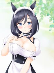 Rule 34 | 1girl, alternate costume, animal ears, black dress, black hair, blush, breasts, cleavage, commentary request, dress, eishin flash (umamusume), enmaided, grey eyes, gurukorian, hair between eyes, hand on own chest, highres, horse ears, horse girl, large breasts, long hair, looking at viewer, maid, maid headdress, open mouth, puffy short sleeves, puffy sleeves, short sleeves, simple background, solo, umamusume, upper body, white background