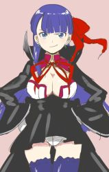 Rule 34 | 1girl, alternate costume, aoba (smartbeat), bb (fate), bb (fate/extra), blue eyes, blunt bangs, breasts, choker, cleavage, commentary request, earrings, fate/grand order, fate (series), hair ribbon, jewelry, large breasts, long hair, long sleeves, martha (fate), pink background, purple hair, red ribbon, ribbon, smile, solo