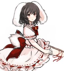 Rule 34 | 1girl, bad id, bad pixiv id, black hair, blush, bow, brooch, female focus, inaba tewi, jewelry, rabbit tail, red eyes, short hair, simple background, sitting, solo, tail, touhou, tsukiori, white background
