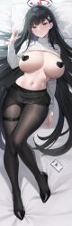 Rule 34 | 1girl, absurdres, black hair, black pantyhose, black skirt, blue archive, blunt bangs, blush, breasts, breasts apart, clothes lift, commentary, dakimakura (medium), english commentary, full body, hair ornament, hairclip, halo, heart pasties, highres, large breasts, long hair, long sleeves, looking at viewer, lying, navel, on back, pantyhose, pasties, pleated skirt, preview (preview0), red eyes, rio (blue archive), signature, skirt, solo, stomach, sweater, sweater lift, turtleneck, turtleneck sweater, very long hair, white sweater
