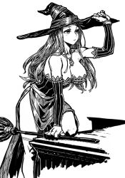 Rule 34 | 1girl, bare shoulders, breasts, cleavage, detached sleeves, dragon&#039;s crown, dress, greyscale, hat, holding, holding wand, jewelry, kahadu (kawazu), large breasts, long hair, looking to the side, monochrome, necklace, pendant, simple background, solo, sorceress (dragon&#039;s crown), wand, witch, witch hat