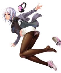 Rule 34 | 1girl, absurdres, action taimanin, amamiya shisui, ass, breasts, brown eyes, feet, female focus, full body, headphones, highres, jacket, lilith-soft, long sleeves, medium breasts, midriff, miniskirt, navel, off shoulder, official art, open clothes, open jacket, open mouth, outdoors, panties, panties under pantyhose, pantyhose, sano toshihide, shoes, unworn shoes, simple background, single shoe, skirt, sleeves past wrists, sneakers, solo, taimanin (series), taimanin asagi kessen arena, taimanin rpgx, turtleneck, underwear, white background, white hair