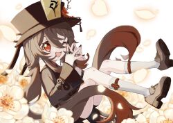 Rule 34 | 1girl, ;d, boo tao (genshin impact), brown coat, brown footwear, brown hair, brown hat, brown shorts, coat, flower, flower-shaped pupils, genshin impact, hair between eyes, hat, hat flower, hat tassel, highres, hu tao (genshin impact), jewelry, light blush, long hair, long sleeves, looking at viewer, multiple rings, new gnsn, one eye closed, open mouth, red eyes, ring, shorts, simple background, smile, socks, solo, steepled fingers, symbol-shaped pupils, twintails, white background, white flower, white socks