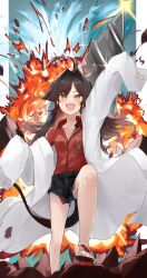 Rule 34 | 1girl, absurdres, ahoge, black hair, black horns, black shorts, blue archive, chankuro, coat, collared shirt, demon horns, fang, hair intakes, highres, horns, kasumi (blue archive), lab coat, long hair, open mouth, oversized clothes, red shirt, shirt, shirt tucked in, shorts, sleeves past fingers, sleeves past wrists, smile, solo, white coat, yellow eyes