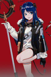 Rule 34 | 1girl, absurdres, arknights, asymmetrical gloves, black gloves, black jacket, black shorts, blue eyes, blue hair, blush, demon tail, detached wings, gloves, halo, highres, holding, holding staff, hood, hooded jacket, horns, jacket, long hair, long sleeves, mismatched gloves, mostima (arknights), red background, renxzd, shirt, shorts, simple background, smile, solo, staff, standing, standing on one leg, tail, teeth, white gloves, white shirt, wings