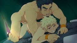 Rule 34 | 2boys, age difference, anal, bacchikoi!, bara, beard, clenched teeth, closed eyes, collaboration, completely nude, facial hair, forked eyebrows, furrowed brow, holding hands, imminent anal, imminent penetration, male focus, male penetrated, mazjojo, mikkoukun, multiple boys, non-web source, nude, open mouth, penis, sweatband, sweatdrop, tadano genji, tan, tearing up, teeth, tent, variant set, yanai ichiru, yaoi, zamius