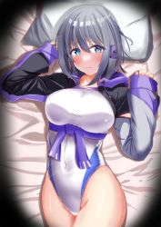 Rule 34 | absurdres, blue eyes, charomi, commission, competition swimsuit, cowboy shot, cropped jacket, grey hair, highleg, highleg swimsuit, highres, jacket, looking at viewer, lying, multicolored clothes, multicolored jacket, on back, one-piece swimsuit, pillow, short hair, skeb commission, station memories, sunadabashi akira, swimsuit, white one-piece swimsuit