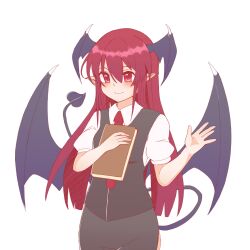Rule 34 | 1girl, absurdres, bat wings, black skirt, black vest, book, closed mouth, collared shirt, commentary, demon tail, head wings, highres, holding, holding book, koakuma, long hair, multiple wings, necktie, pointy ears, red eyes, red hair, red necktie, shirt, simple background, skirt, smile, solo, tail, tomori yukari, touhou, vest, white background, white shirt, wings