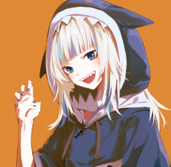 Rule 34 | 1girl, :d, animal costume, animal hood, blue eyes, blue hair, blue hoodie, blue nails, blunt bangs, blush, claw pose, commentary request, gawr gura, gawr gura (1st costume), hand up, happy, highres, hololive, hololive english, hood, hood up, hoodie, long hair, looking at viewer, matsunaga777, multicolored hair, nail polish, open mouth, orange background, shark costume, shark hood, sharp teeth, silver hair, simple background, smile, solo, streaked hair, teeth, upper body, virtual youtuber