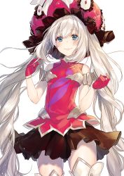 Rule 34 | 1girl, armlet, black skirt, blue eyes, commentary request, cowboy shot, fate/grand order, fate (series), frilled hat, frills, gloves, grey hair, hat, highres, long hair, looking at viewer, marie antoinette (fate), miniskirt, pink gloves, red shirt, shirt, simple background, skirt, sleeveless, sleeveless shirt, smile, solo, sudach koppe, twintails, very long hair, white background