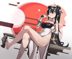 Rule 34 | 1girl, alchemy stars, armlet, baozi, barefoot, black gloves, black hair, black tongue, breasts, chinese clothes, crossed legs, double bun, dress, eating, flower, food, gloves, hair between eyes, hair bun, hair flower, hair ornament, hairclip, high heels, highres, holding, holding food, large breasts, looking to the side, no panties, partially fingerless gloves, pink eyes, plabit, sitting, soles, solo, steaming food, toes, turtleneck, turtleneck dress, white dress, yao (alchemy stars)